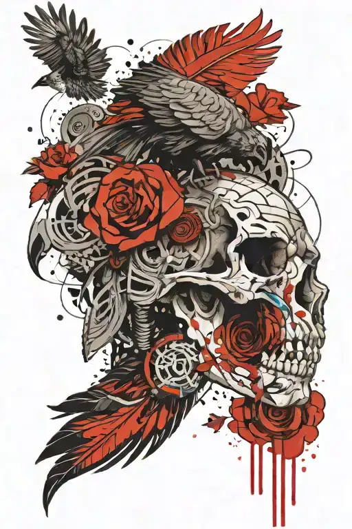 bison skull and quetzal bird flying towards tattoo design idea