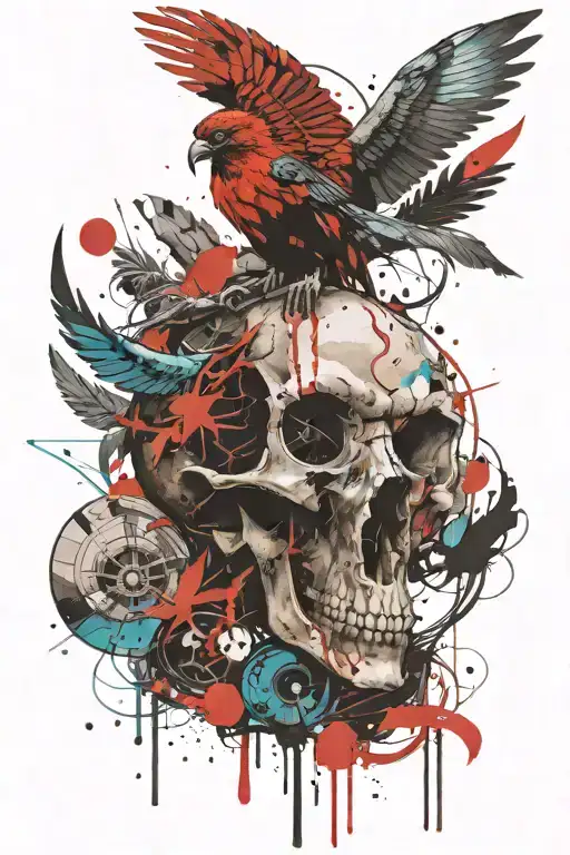 bison skull and quetzal bird flying tattoo design idea