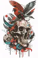 bison skull and quetzal bird flying tattoo design idea