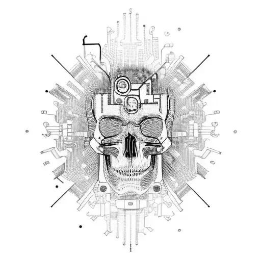 wired cyberpunk skull exploding from overloaded circuits tattoo design idea