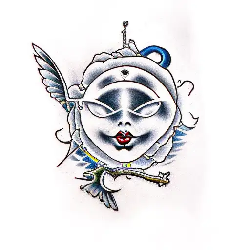 faiey sitting down with her eyes blindfolded ans with dark wings tattoo design idea