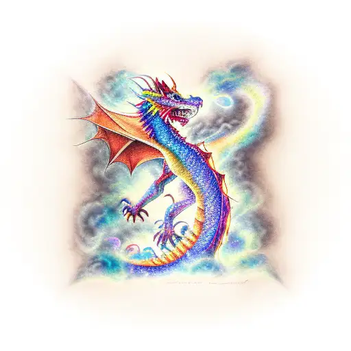 A powerful dragon ascending from the left breast, its scales shimmering with vibrant colors, as it breathes fire onto a mystical forest that wraps around the left arm. tattoo design idea