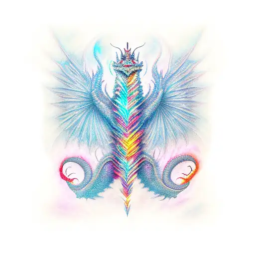 A powerful dragon ascending from the left breast, its scales shimmering with vibrant colors, as it breathes fire onto a mystical forest that wraps around the left arm. tattoo design idea