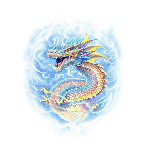 A majestic dragon rising from the left breast, its scales adorned with vibrant colors, as it breathes fire onto a dense forest that wraps around the left arm, depicting a mesmerizing scene of destruction and rebirth. tattoo design idea