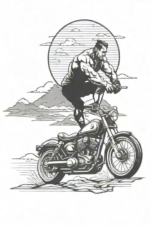 Incorporate a silhouette of a bodybuilder lifting weights on a motorcycle, set against a scenic Japanese landscape tattoo design idea