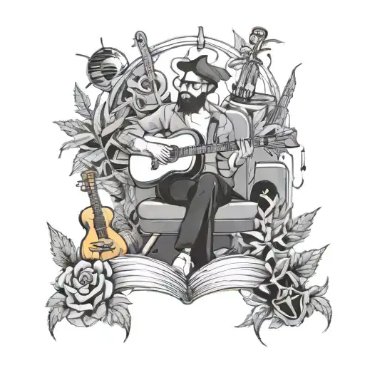 A teacher surrounded by musical instruments and weed plants tattoo design idea