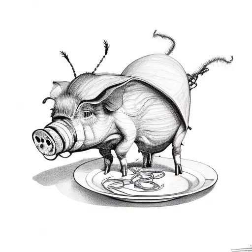 a bug and a pig with plate of spaghetti tattoo design idea
