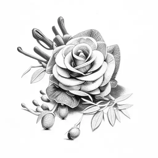bog rosemary, branch of acorns and Lancashire rose  tattoo design idea
