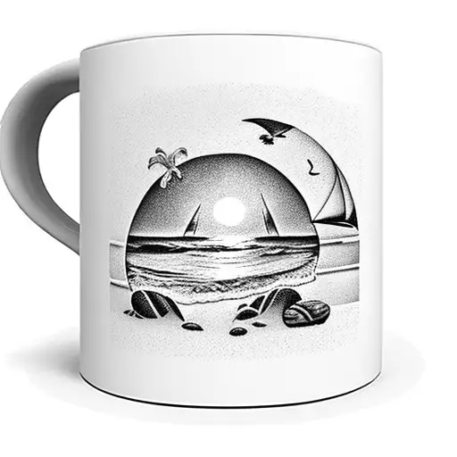 A coffee mug with a beach scene inside it tattoo design idea