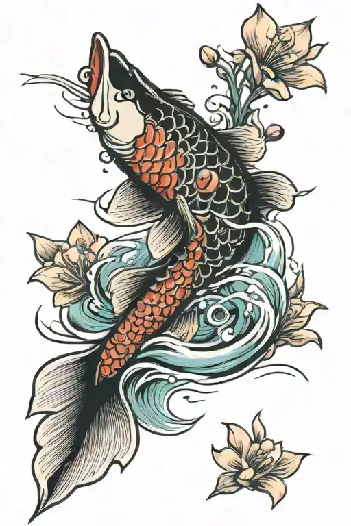 traditional Japanese koi fish swimming upstream with cherry blossoms and bamboo sprouts with wind bars and waves tattoo design idea