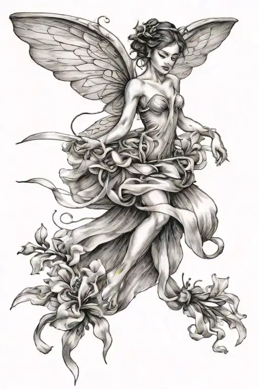 a flying fairy, with ribbon wrappend around body that says "what doesn't kill me, makes me stronger" with freesias tattoo design idea