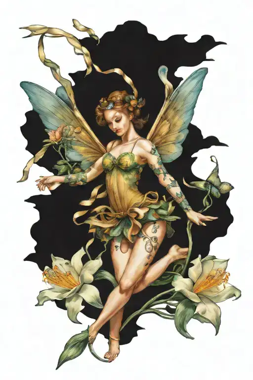 a flying fairy, with ribbon wrappend around body that says "what doesn't kill me, makes me stronger" with freesias tattoo design idea