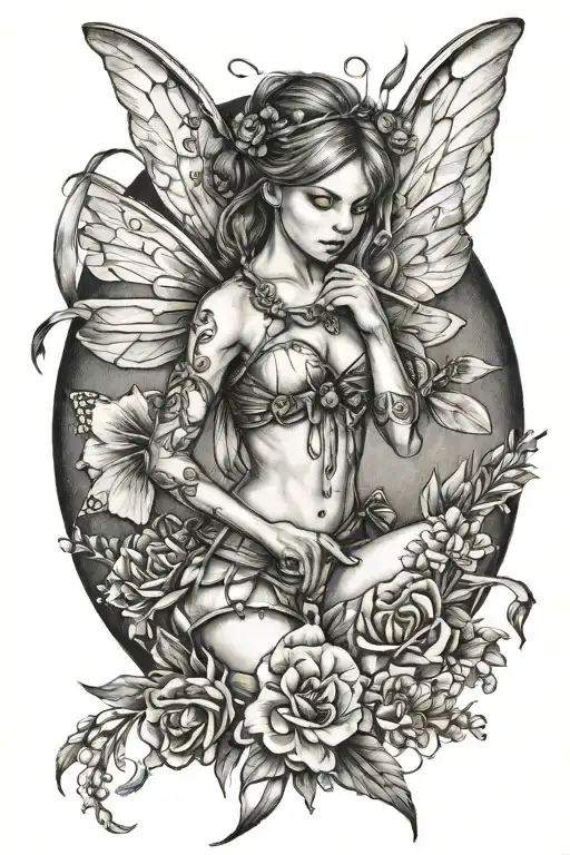 a warrior fairy, with ribbon that says "what doesn't kill me, makes me stronger" with freesias tattoo design idea