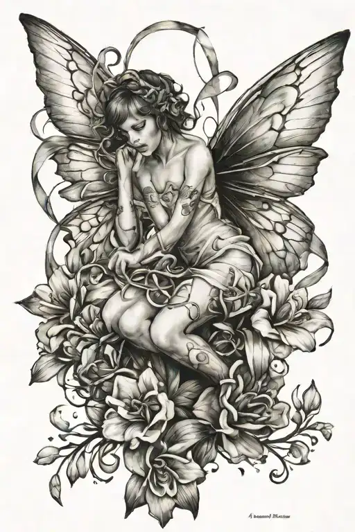 a rising fairy, with ribbon wrappend around body that says "what doesn't kill me, makes me stronger" with freesias tattoo design idea