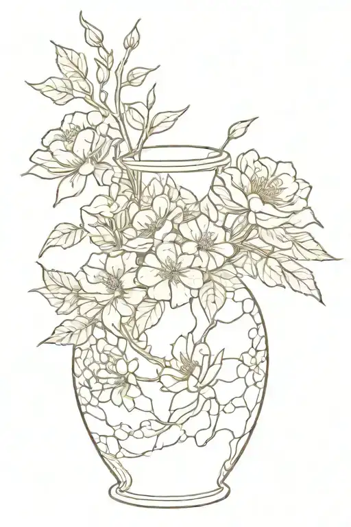 Kintsugi themed tattoo. broken vase repaired with gold filled with a flowers  tattoo design idea