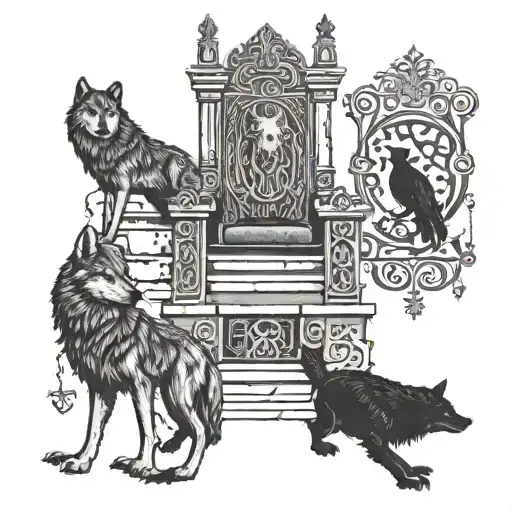 a throne at the top of some stairs with Nordic runes intertwined. two wolves and two ravens near throne tattoo design idea