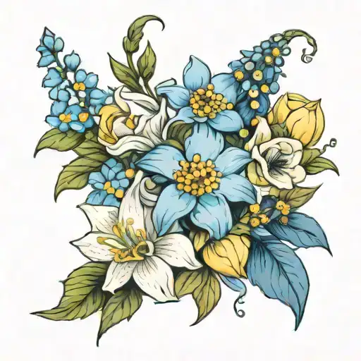 blue forget me not flowers, white lilies, white anenome, yellow rose tattoo design idea