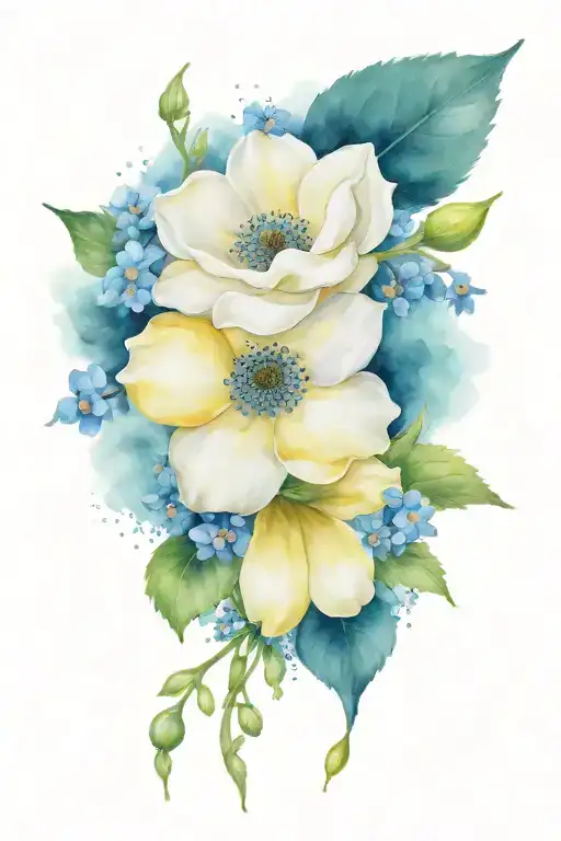yellow rose, white lily of the valley, white and black anenome, blue forget me not flowers, buttercup flower tattoo design idea