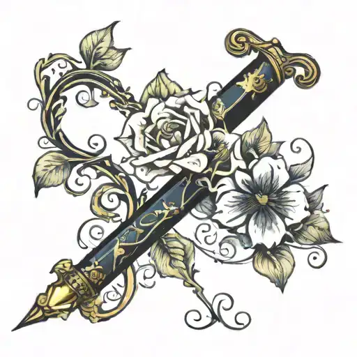 A fountain pen that turns into a floral vine. The pen represents literature and creativity tattoo design idea