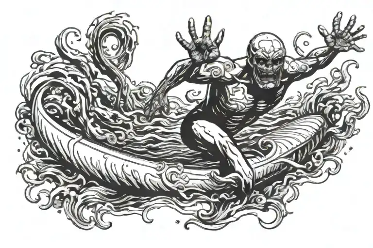a swimmer gracefully gliding in a pool with a horror movie monster below tattoo design idea