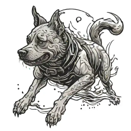 A dog diving into a pool filled with horror-themed elements and video game references tattoo design idea