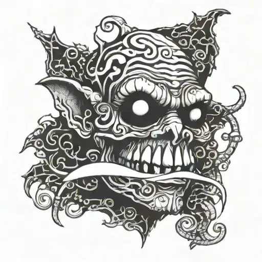 A smoking goblin with intricate smoke patterns surrounding it tattoo design idea