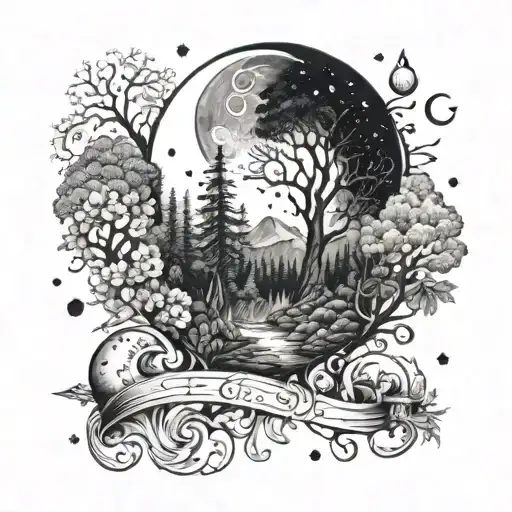Black and white tattoo containing themes of galaxies, moon, trees and nature measuring 15cm tattoo design idea