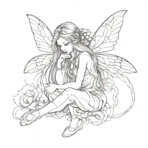 a small winged fairy with long hair, She sits hugging her knees with her head slightly bowed tattoo design idea