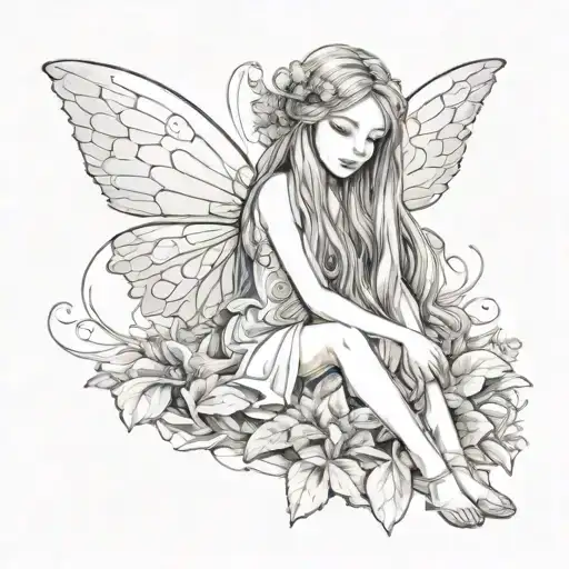 a small winged fairy with long hair, She sits hugging her knees with her head slightly bowed tattoo design idea