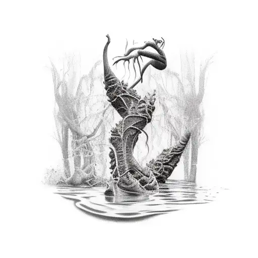 swamp with 2 people back to back tattoo design idea