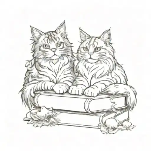 Two Maine Coon cats curled up on a pile of books surrounded by flowers and mushrooms tattoo design idea