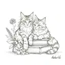 Two Maine Coon cats curled up on a pile of books surrounded by flowers and mushrooms tattoo design idea