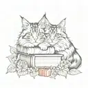Two Maine Coon cats curled up on a pile of books surrounded by flowers and mushrooms tattoo design idea