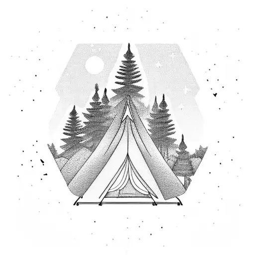 A serene camping scene, with a cozy camping chair nestled among tall pine trees tattoo design idea