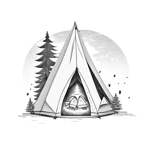 A serene camping scene, with a cozy camping chair nestled among tall pine trees tattoo design idea