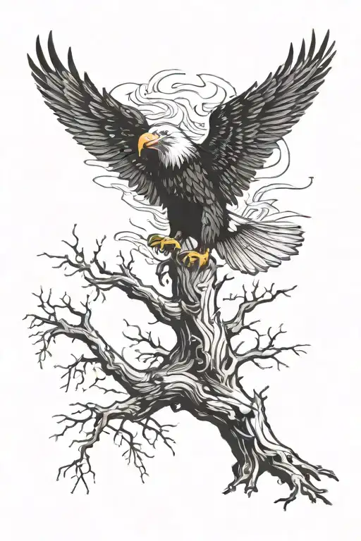 eagle, dead tree, lots of birds flying away, fire fighting, police  tattoo design idea
