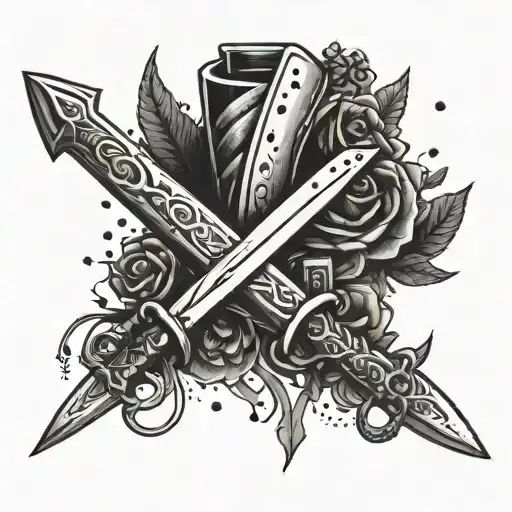 Create a tattoo of a sword and knife crossed with medical tools symbolizing the client's occupation as a nurse tattoo design idea