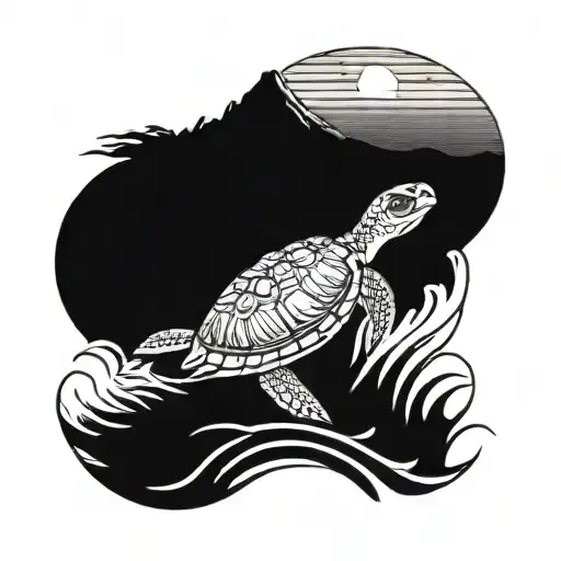 A paddleboarding turtle riding a wave at sunset melting tattoo design idea