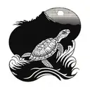 A paddleboarding turtle riding a wave at sunset melting tattoo design idea