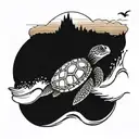 A paddleboarding turtle riding a wave at sunset melting tattoo design idea