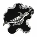 A paddleboarding turtle riding a wave at sunset melting tattoo design idea