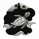 A paddleboarding turtle riding a wave at sunset melting tattoo design idea