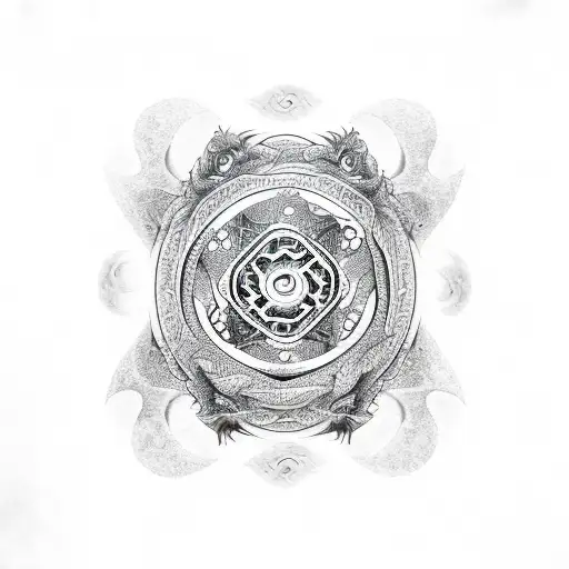 A dotwork design of a dragon wrapped around a yin yang symbol, with Oni masks emerging from the dragon's scales tattoo design idea