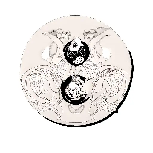 A dotwork design of a dragon wrapped around a yin yang symbol, with Oni masks emerging from the dragon's scales tattoo design idea