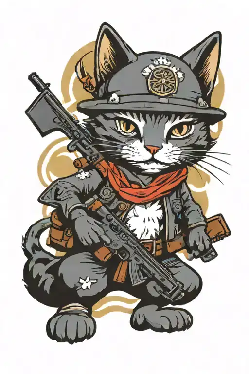 soldier cat holding assasult rifle tattoo design idea