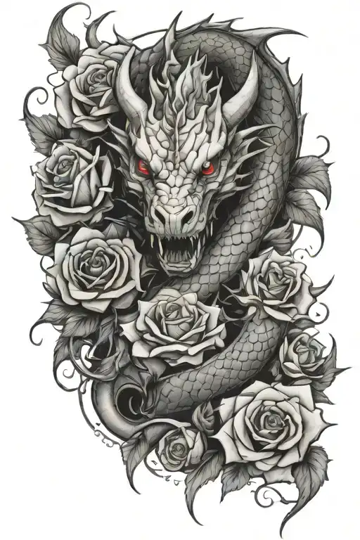 Draw me a sketch of a dragon tattoo in roses growing tattoo design idea