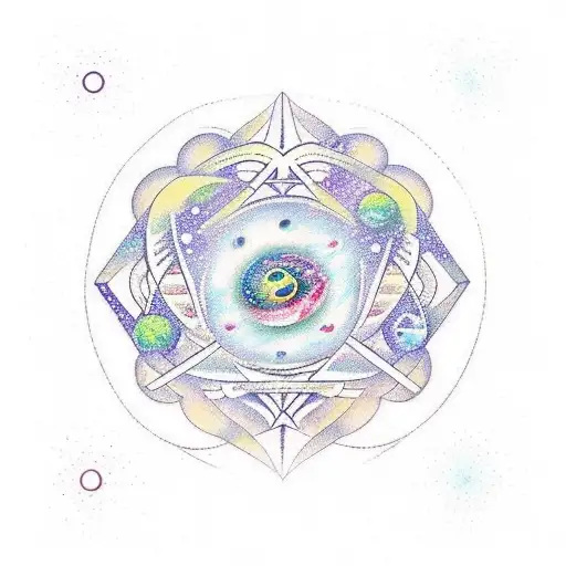 A new-school tattoo design featuring a cosmic scene with planets and stars, intertwined with intricate geometric shapes inspired by photonics. tattoo design idea