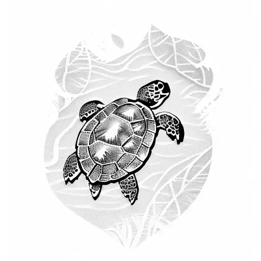 An intricate design of a sea turtle swimming among palm leaves, combining your passion for the sea and palm trees tattoo design idea