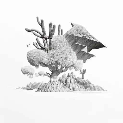A surreal desert landscape with a giant bat flying overhead tattoo design idea