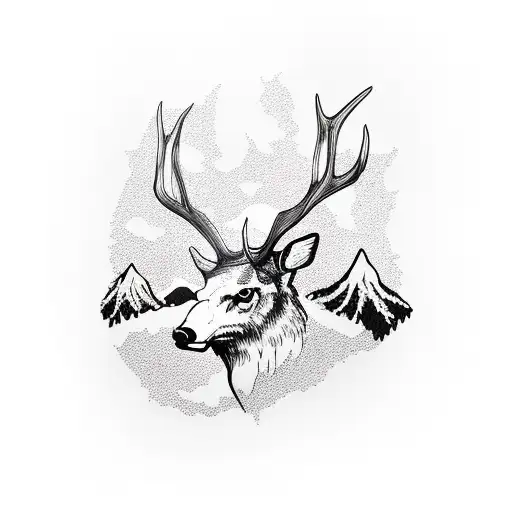 elk skull sleeve with mountains and trees on shoulder tattoo design idea